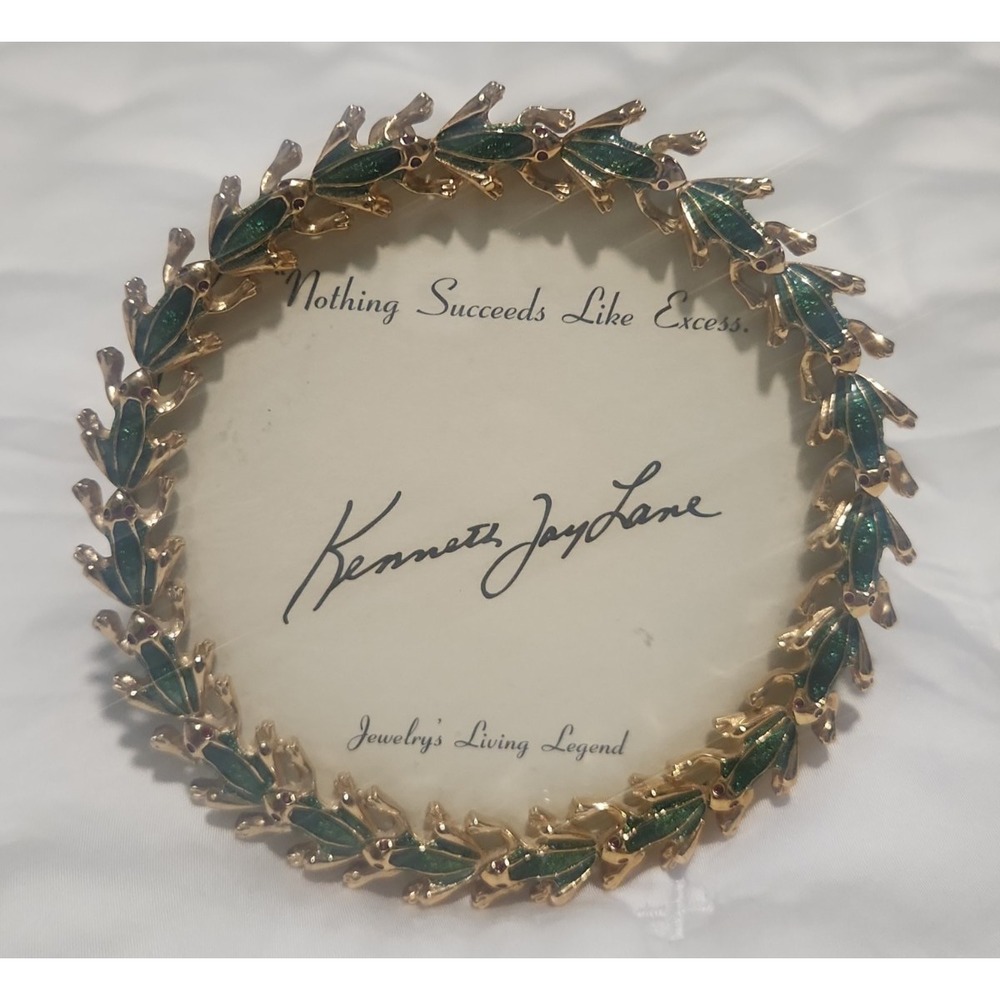 Kenneth Jay Lane Signed Gold Tone Frog Picture Frame Green Red Enamel Vintage